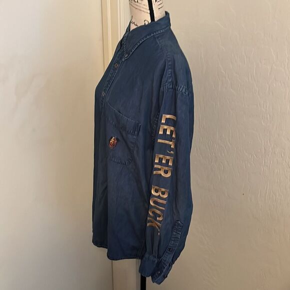 Pendleton Blue Denim LET’ ER BUCK Button Closure Rodeo Western Shirt Cowgirl - Picture 2 of 10